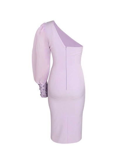 Front view of elegant one shoulder lavender dress with intricate crystal decoration detail