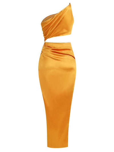 Elegant one-shoulder maxi dress in vibrant orange satin fabric