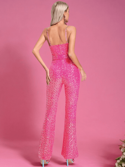 Pink Spaghetti Strap Sequins Jumpsuit With Belt