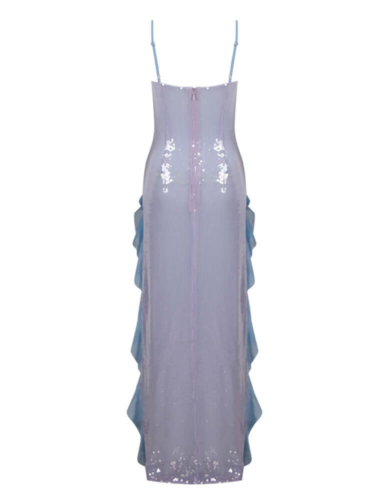 Elegant lavender dress with spaghetti straps adorned with sequins for a touch of glamour