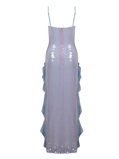 Elegant lavender dress with spaghetti straps adorned with sequins for a touch of glamour