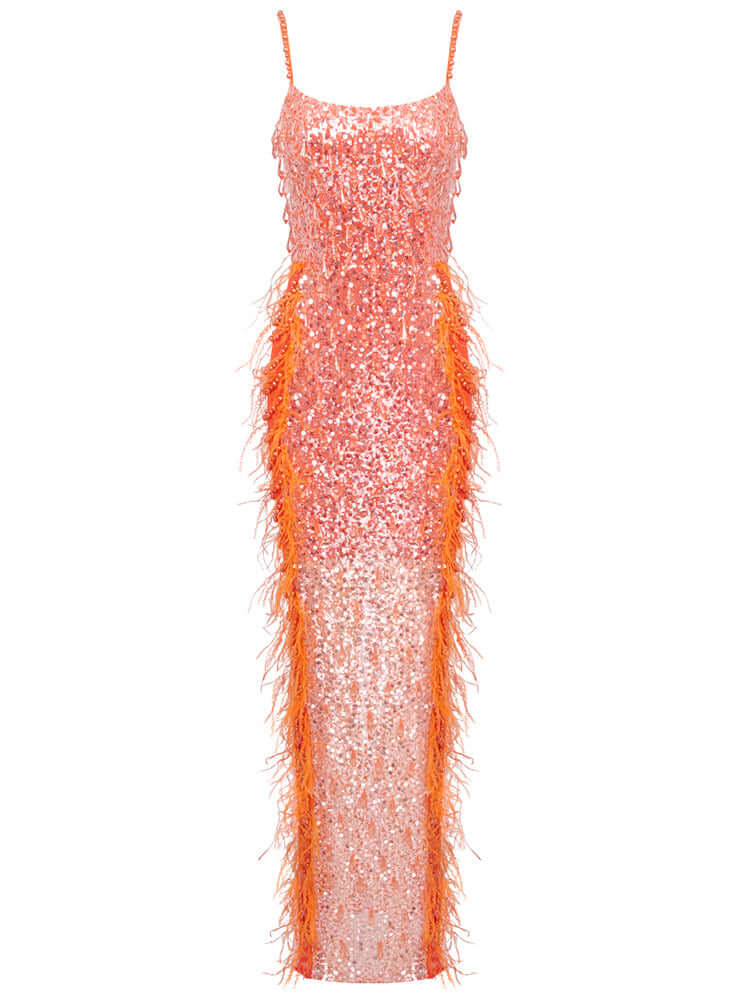 Flowing orange maxi dress from Noura Couture adorned with pearls