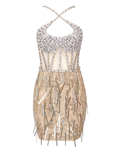 Sleevesless Mesh Patchwork Crystal Prom Mini Dress