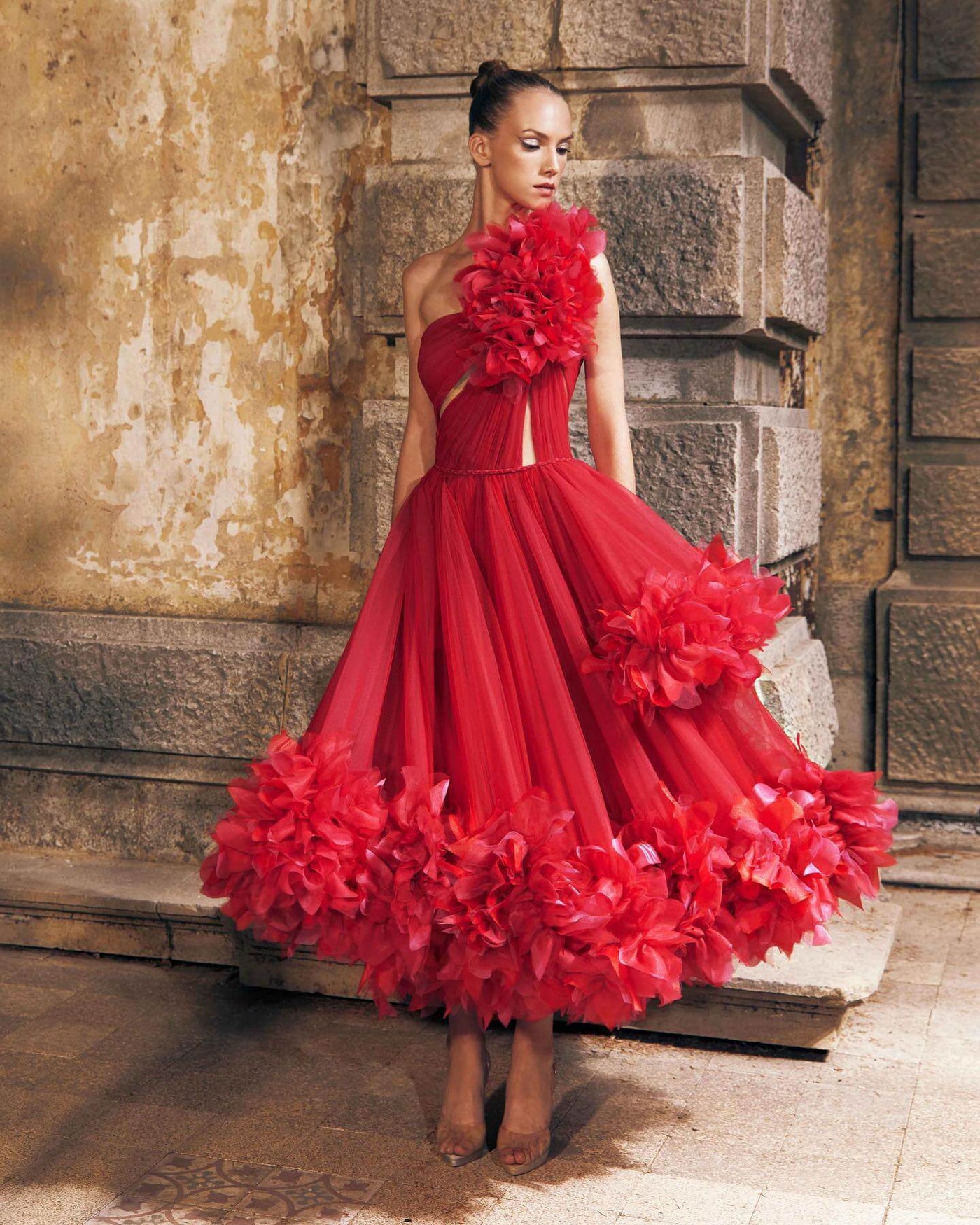 Elegant Diagonal Collar Sleeveless Long Gown Red Dress