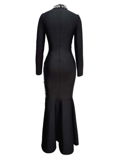 Black long sleeve maxi bandage dress adorned with diamond embellishments