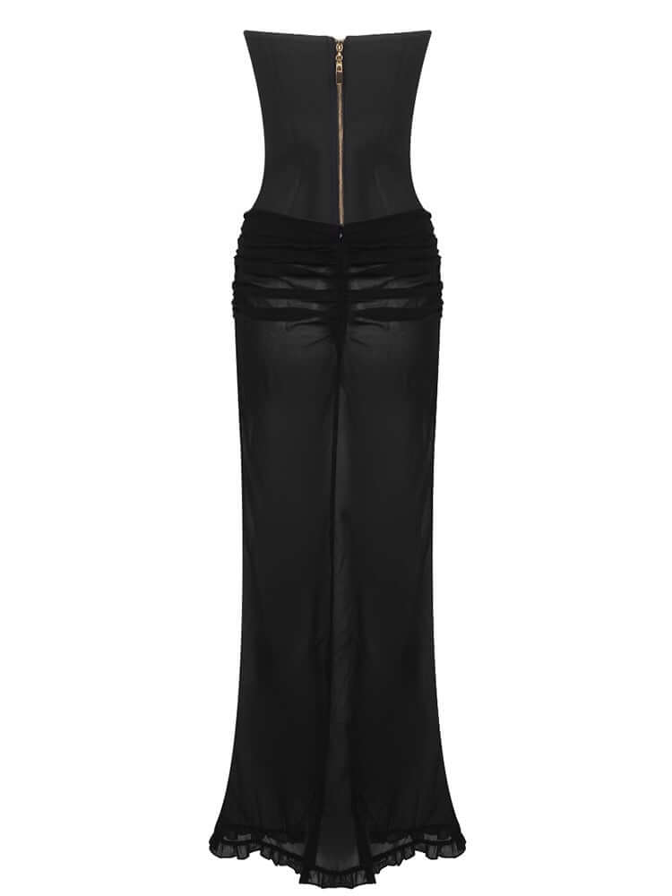 Black and nude strapless corset two-piece maxi dress