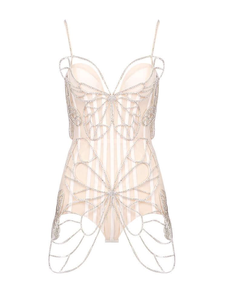 Stunning bodysuit adorned with crystal butterfly embellishments for a captivating look