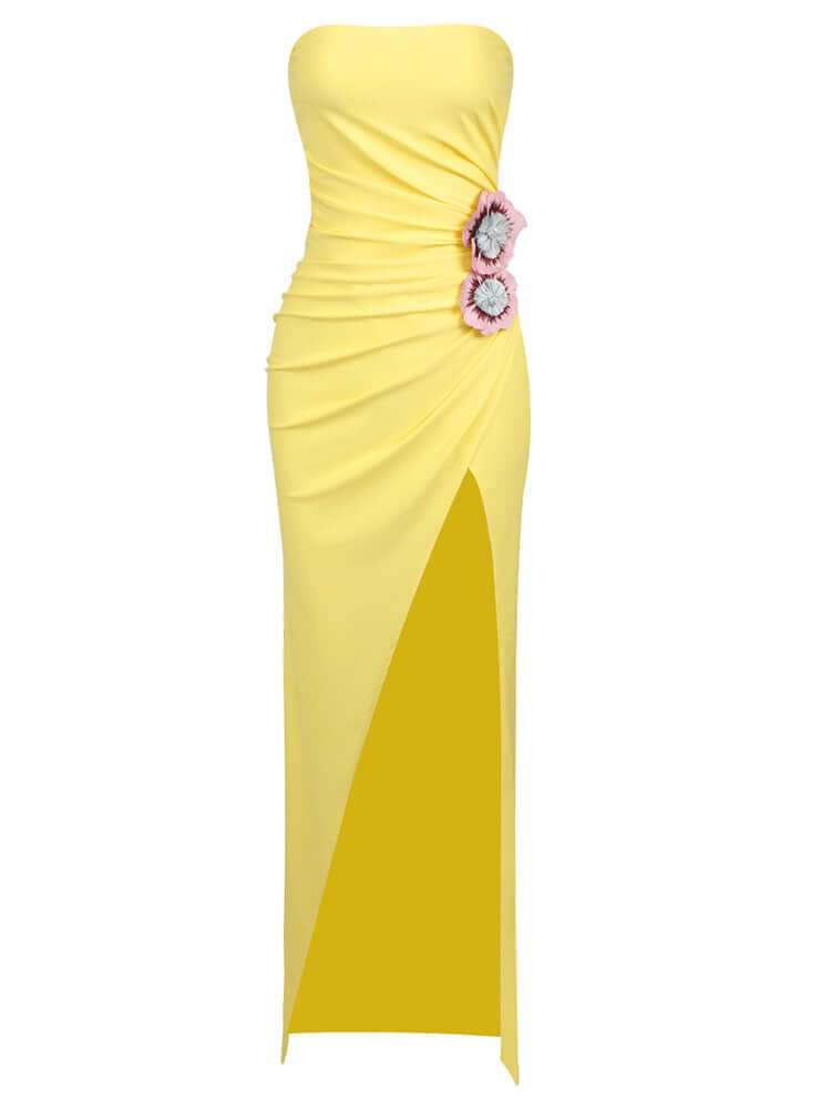 Yellow Strapless Floral Detail Maxi Dress - a favorite among fashion influencers and highly rated by Valensia Seven customers.