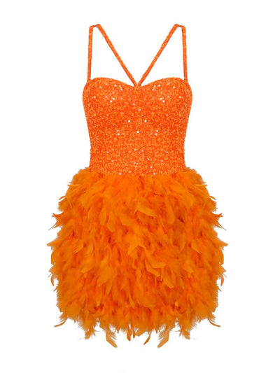 Glitter Sequin Feather Orange Mini Dress