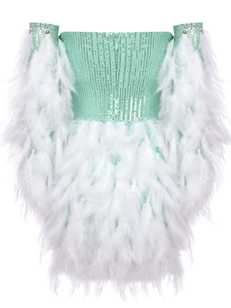 Long Sleeve Feather Sequin Dress Green White