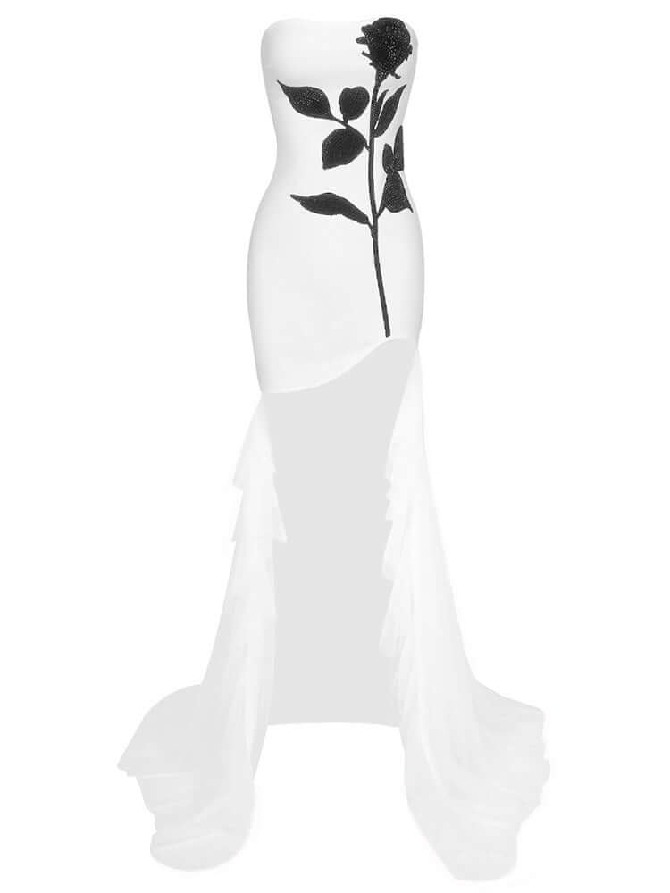 White and Black Strapless Floral Ruffle Mesh Dress - loved by top fashion influencers and highly rated by Valensia Seven customers.