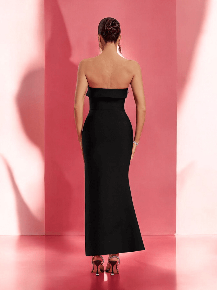 Linda Premium Crystal Jewelled Strapless Velvet High Split Dress - luxurious, velvet, crystal details, high slit design