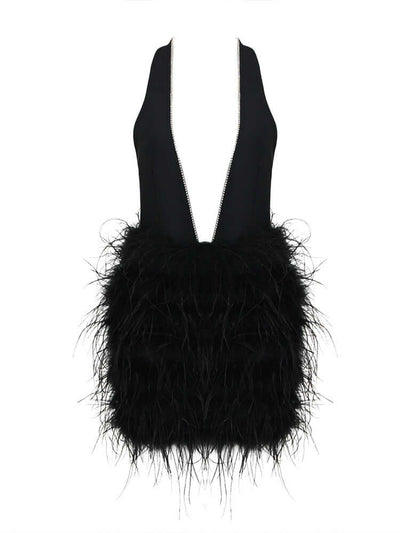 "Black halter dress adorned with crystals and feather accents."