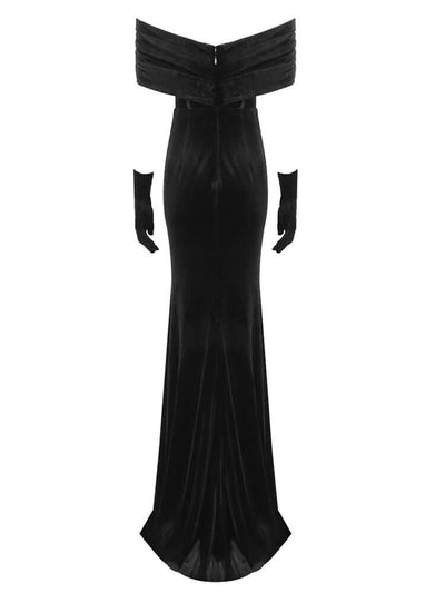 Sophisticated velvet gown dress with a slash neckline and high leg split