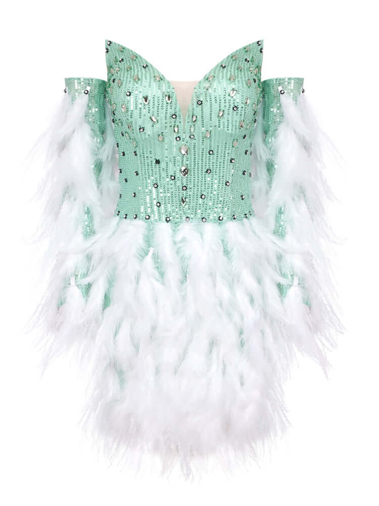 Long Sleeve Feather Sequin Dress in Green and White