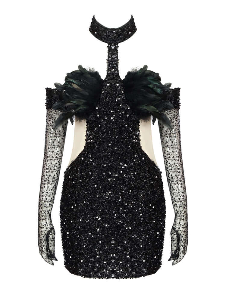 Sequins Feather Mini Dress With Gloves