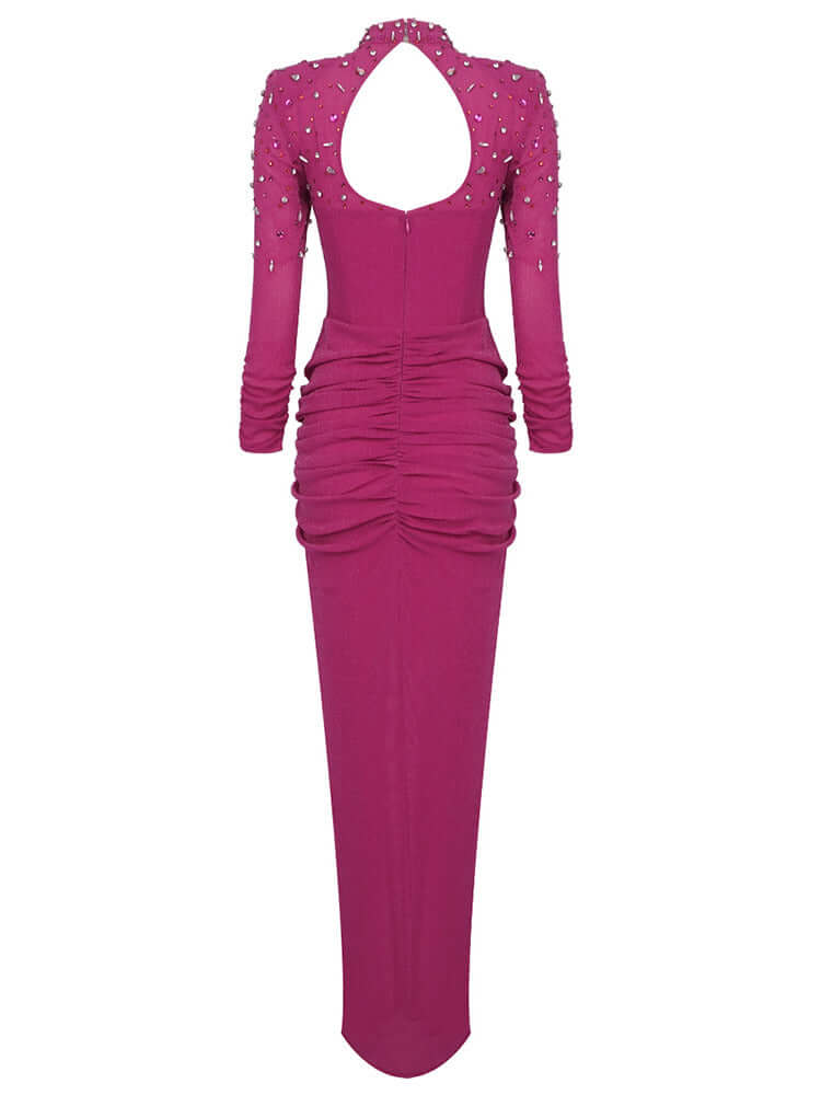 Hot Pink Long Sleeve Crystal Corset Draped Maxi Dress