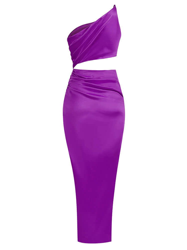 Chic one-shoulder maxi dress in luxurious purple satin fabric