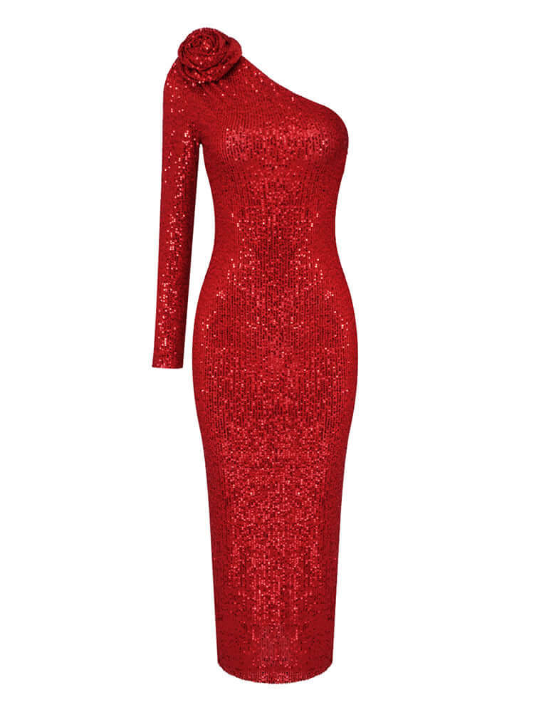 Chic maxi dress with one-shoulder design, adorned with glitzy sequins for a sparkling look