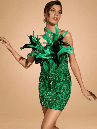 Image of a Strapless Green Sequin Feather Mini Dress
