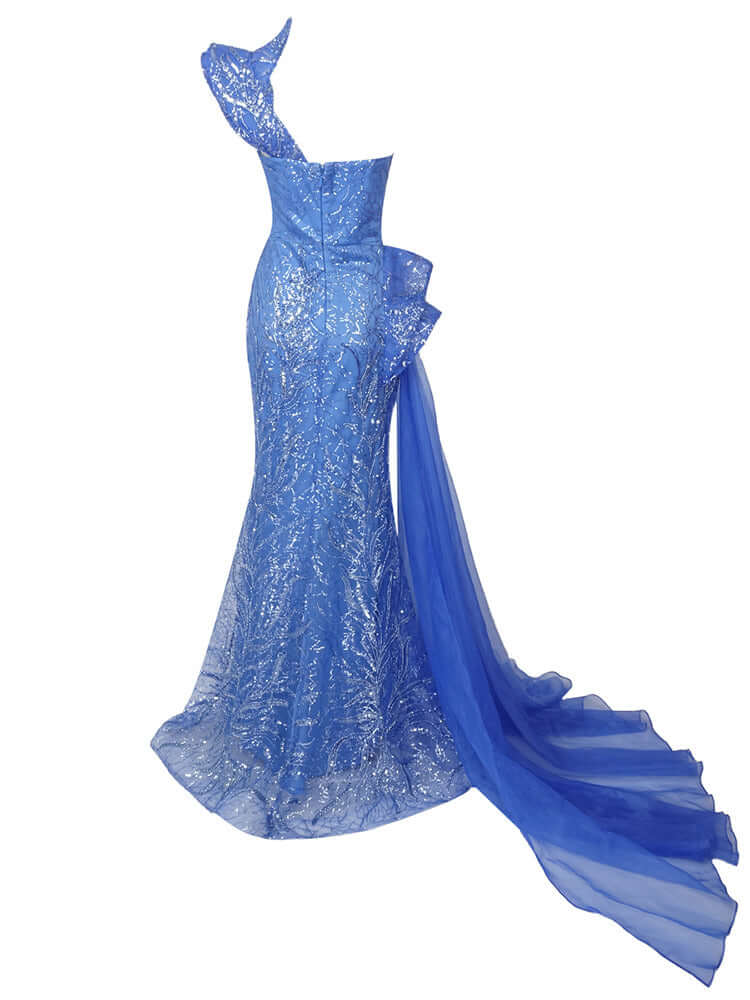 Stunning blue sequined gown with a striking one-shoulder design.