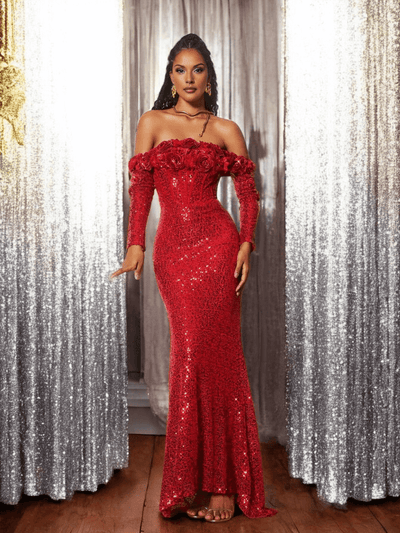 Elegant Misha Flower Sequins Off Shoulder Gown