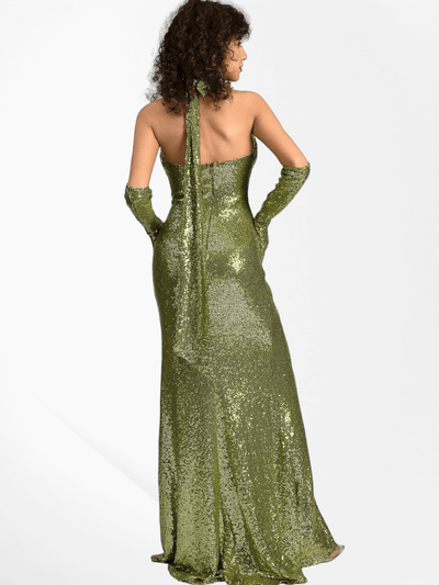 Green Halter Draped Sequin Maxi Dress