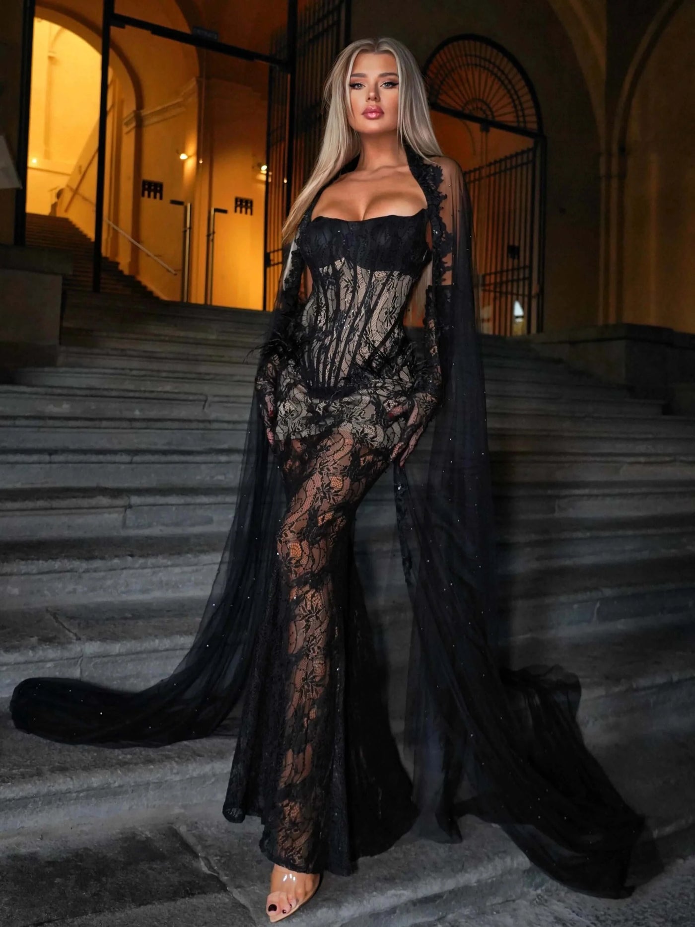 Strapless Corset Style Black Lace Gown