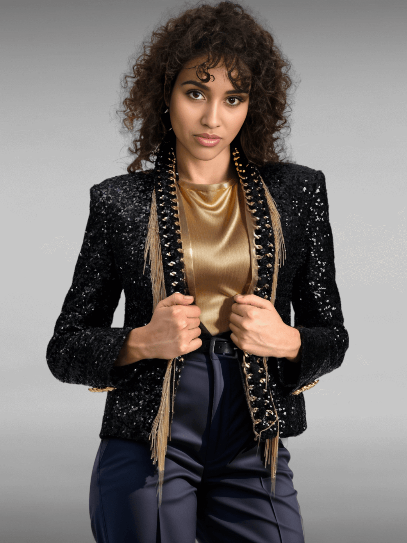 Long Sleeve Sequin Chain Tassel Jacket: Sparkling Statement Piece for Glamorous Nights