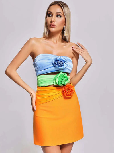 Strapless Hollow Out Satin 3D Flowers Mini Dress