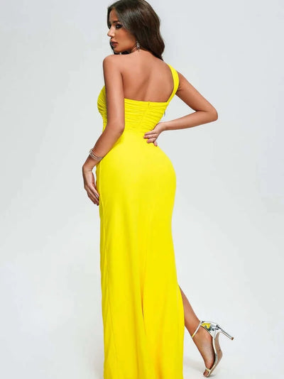 Stylish yellow maxi dress with a chic one-shoulder design and cutout detail