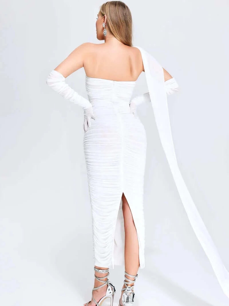 Elegant white maxi dress with mesh fabric, accompanied by matching gloves for a sophisticated look