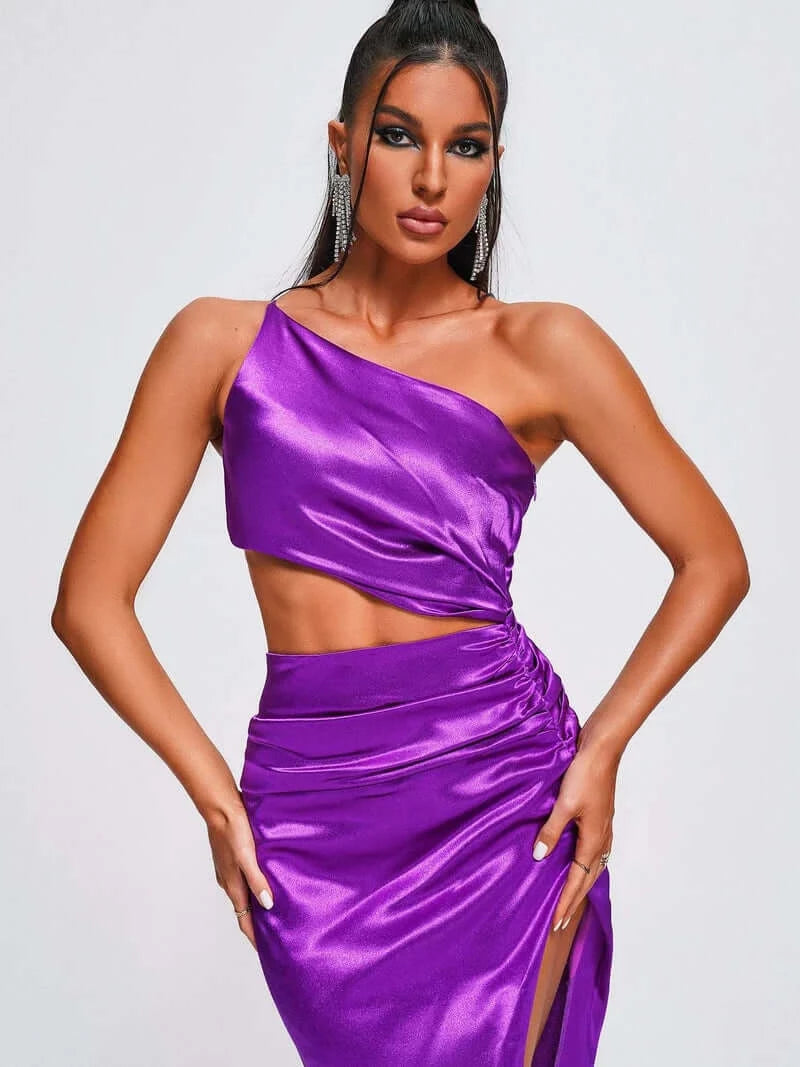 One Shoulder Purple Satin Maxi Dress