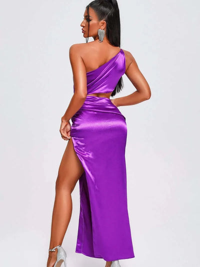 One Shoulder Purple Satin Maxi Dress
