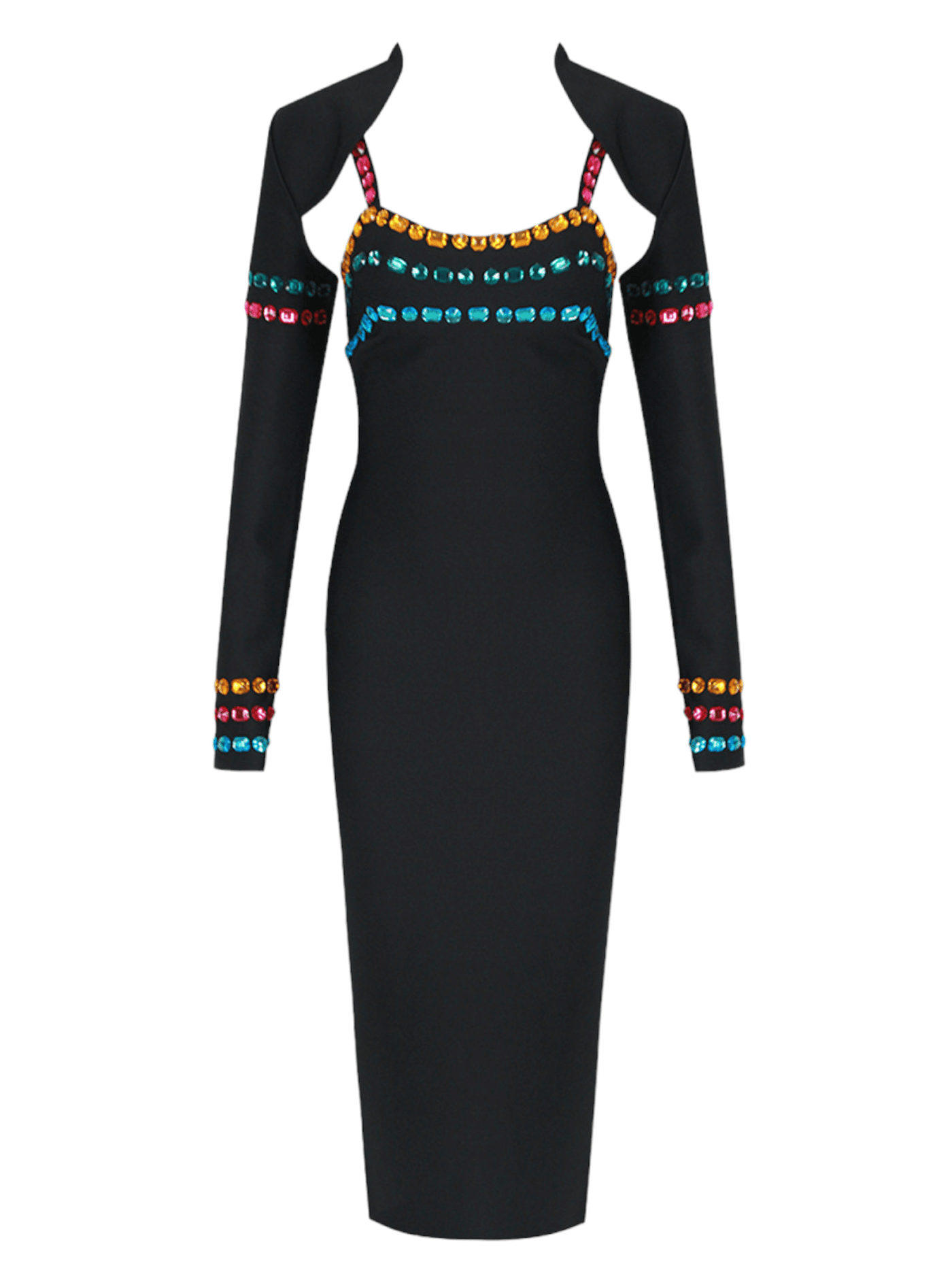 Black two-piece set featuring long-sleeve top and midi skirt adorned with shimmering crystals.