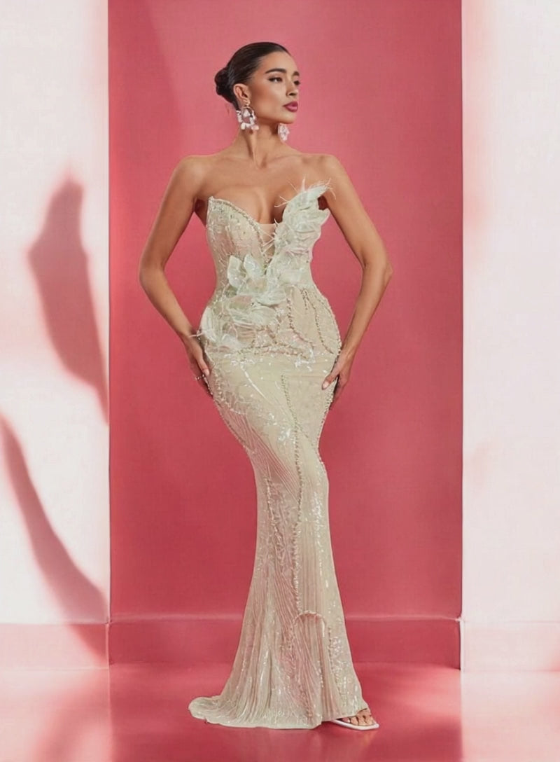 Mint Lisa Lux Pearl Embellished Strapless Maxi Dress with pearl details for weddings and formal events.