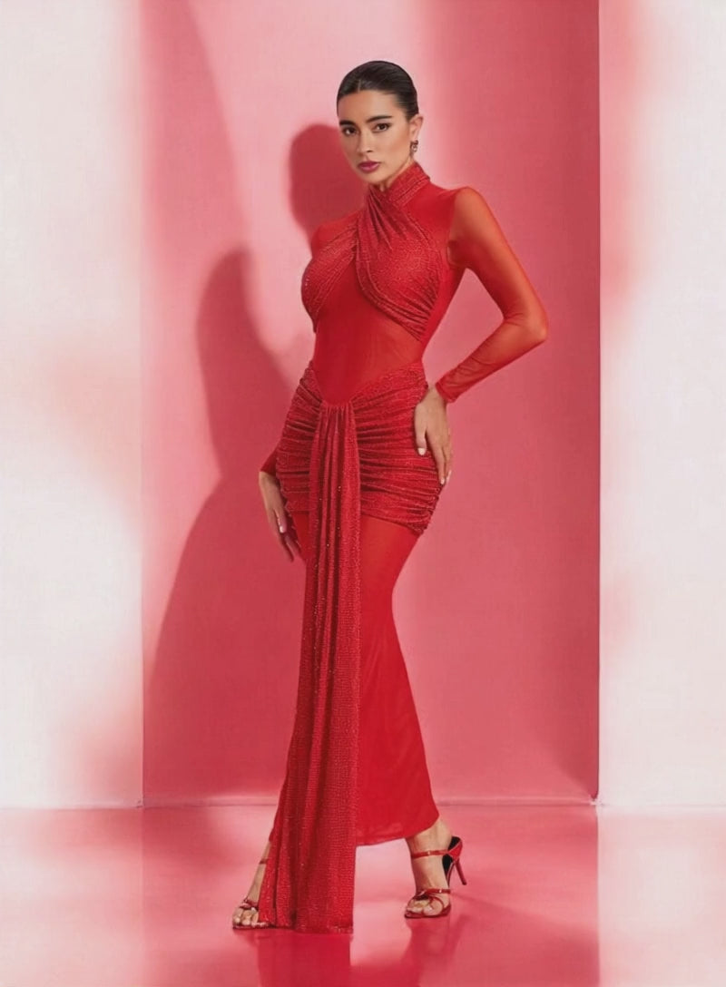 Dana Ruched Drape Open Back In Red
