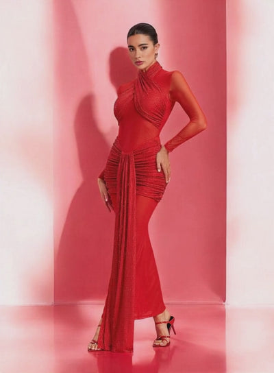 Dana Ruched Drape Open Back In Red