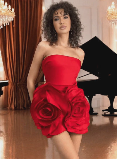 Red Strapless Flower Detail Dress, perfect for weddings, parties, and special occasions.