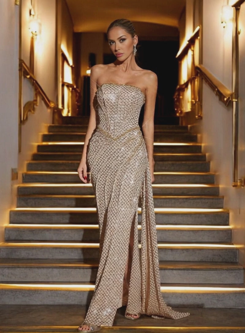 Sophia Gold Sequins Maxi Dress
