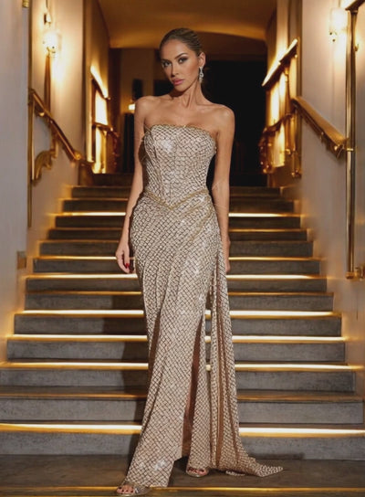 Sophia Gold Sequins Maxi Dress