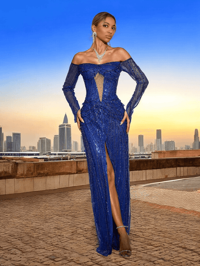 Vivo royal blue sequin maxi dress with pearl mesh sleeves, floor-length formal gown for weddings and galas
