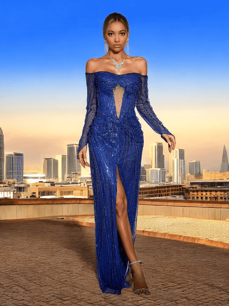 Vivo royal blue sequin maxi dress with pearl mesh sleeves, floor-length formal gown for weddings and galas