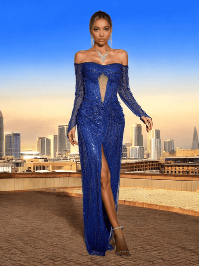 Vivo royal blue sequin maxi dress with pearl mesh sleeves, floor-length formal gown for weddings and galas