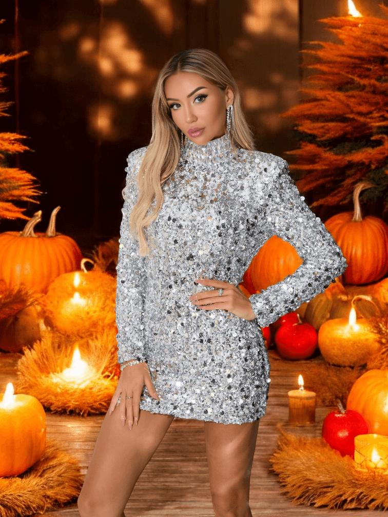 Diamond Sequins Mini Dress in Silver, shimmering party outfit.