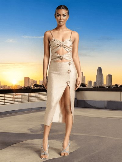 Ivi Chain-Accented Gold Cutout Midi Dress