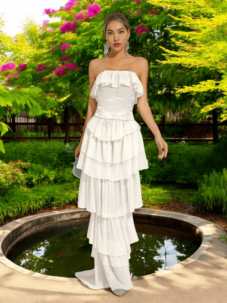 White Strapless Ruched Mesh Maxi Dress with elegant ruching and mesh details for weddings and formal events.