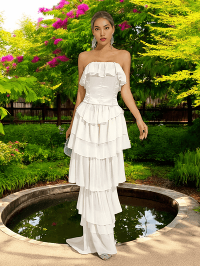 White Strapless Ruched Mesh Maxi Dress with elegant ruching and mesh details for weddings and formal events.