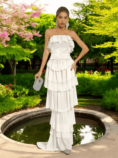 White Strapless Ruched Mesh Maxi Dress with elegant ruching and mesh details for weddings and formal events.