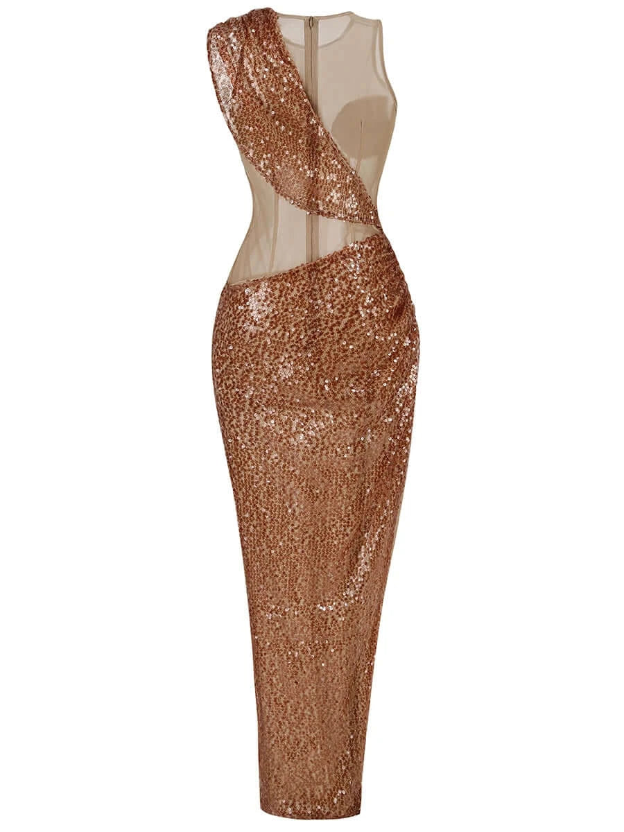 Sequin Asymmetric Maxi Brown Dress